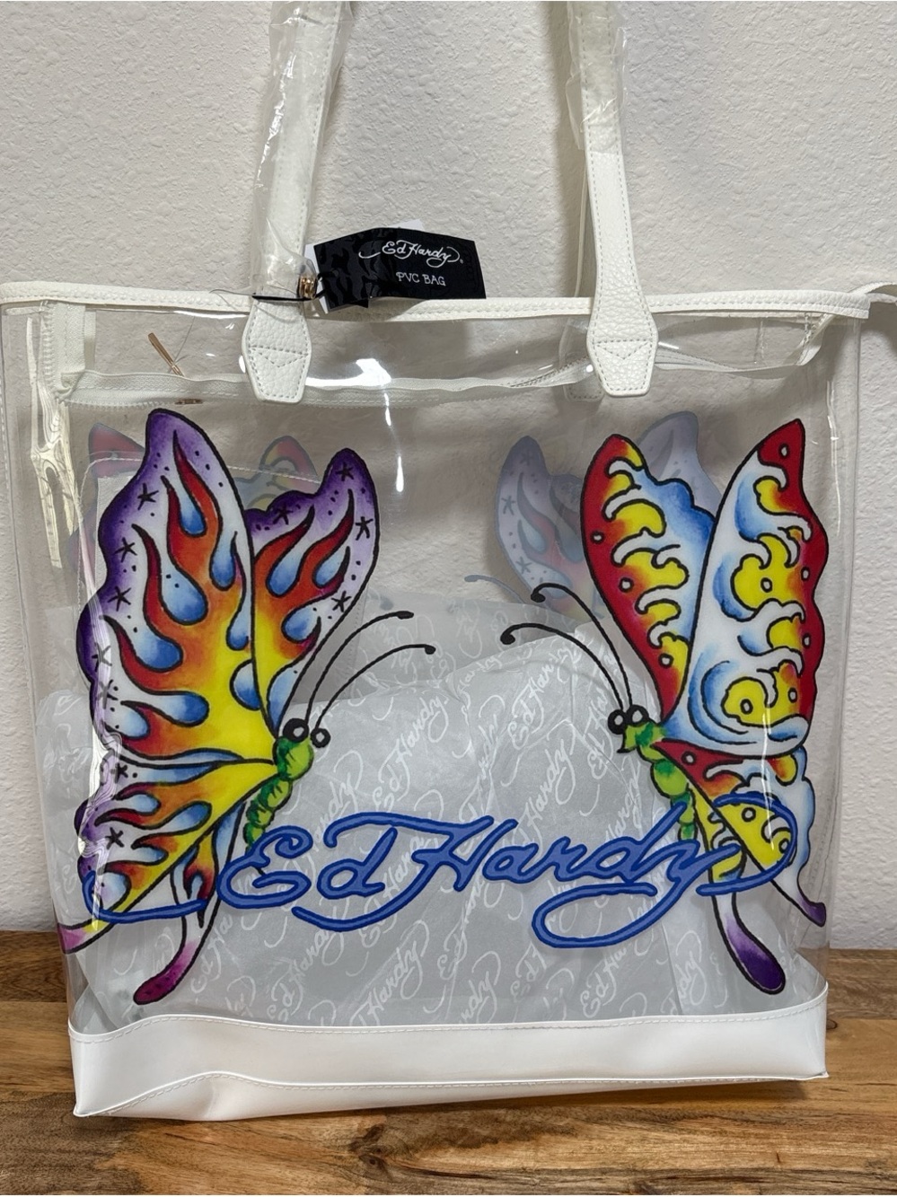 Ed Hardy Clear Purple Butterfly Tote Bag in White NEW PVC Bag